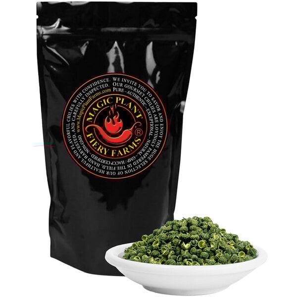 A black bag of Fiery Farms Green Japanese Sansho Whole Peppercorns next to a bowl of food.