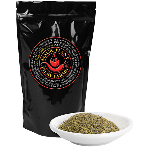 A black bag of Fiery Farms green Sansho peppercorn powder on a counter next to a bowl of the powder.