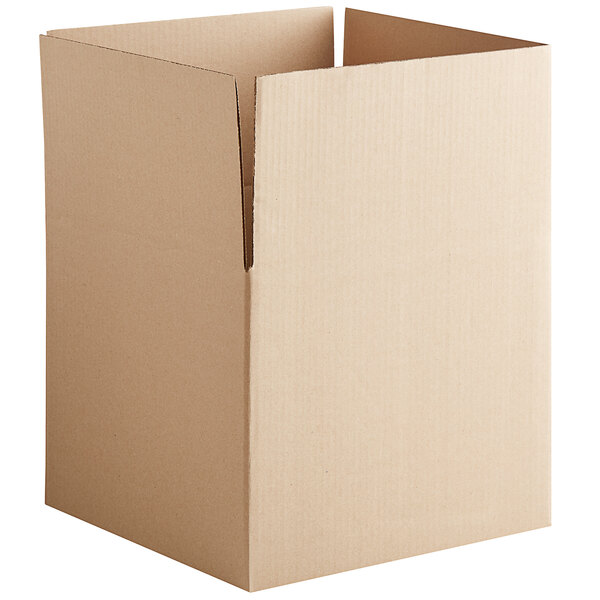 A close-up of a Lavex kraft cardboard shipping box with a cut out top.