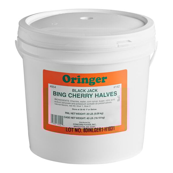 A large white plastic pail labeled Oringer Black Jack Bing Cherry Halves, used as a dessert or sundae topping.