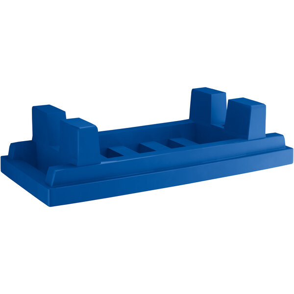 A blue plastic MasonWays dunnage rack with a slotted top.