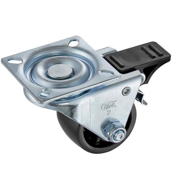 An Avantco swivel plate caster with a black metal wheel.