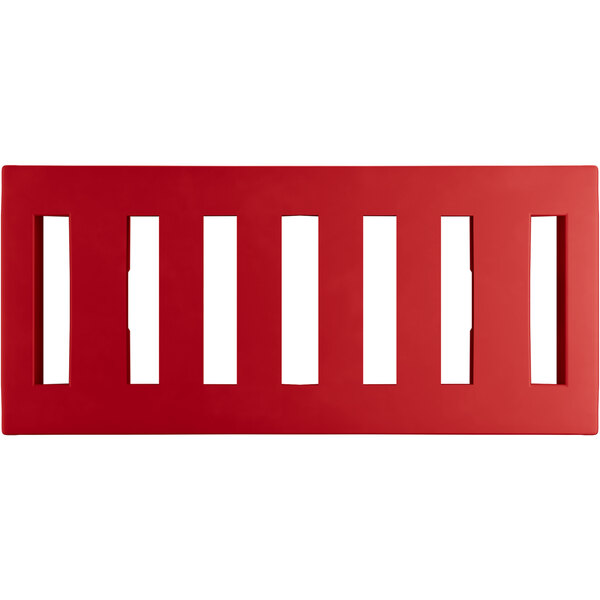 A red rectangular plastic rack with slotted top and white lines.