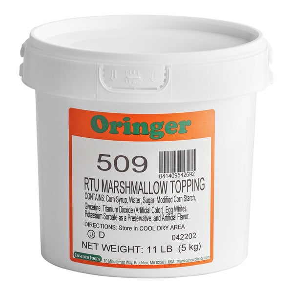 A white plastic tub of Oringer ready-to-use marshmallow dessert and sundae topping weighing 11 pounds.