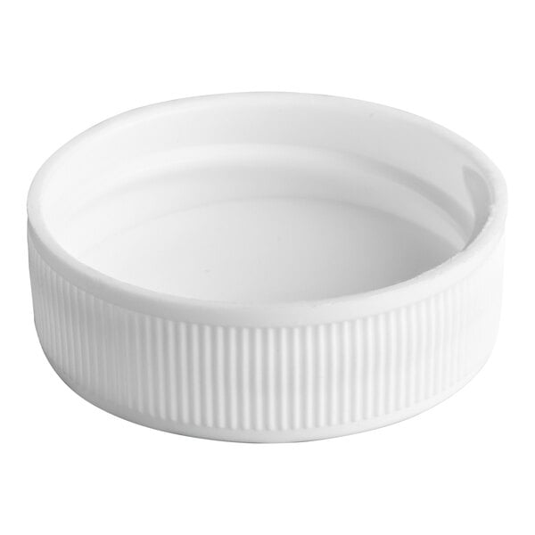 A matte white plastic continuous thread flat lid with a foam liner.