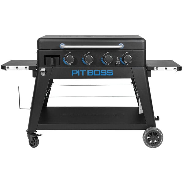 A black Pit Boss gas griddle with blue text on the front.