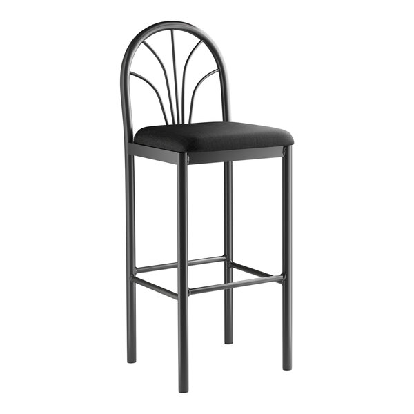 A Lancaster Table & Seating black bar stool with a black cushion.