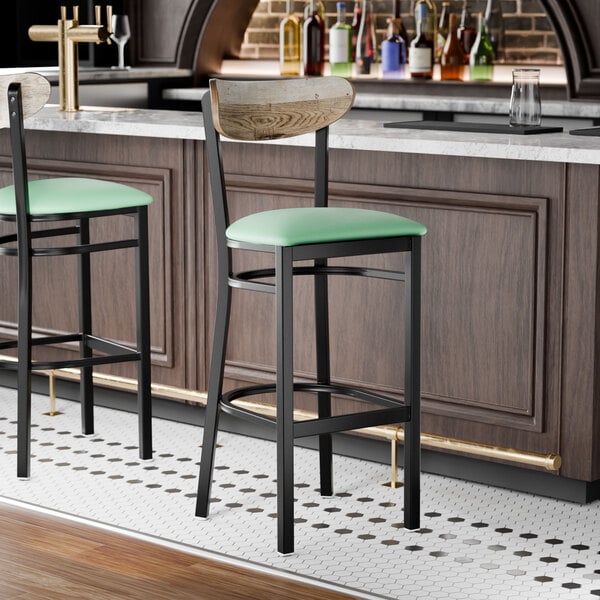 Lancaster Table & Seating Boomerang Black Finish Bar Stool with Seafoam Vinyl Seat and Driftwood Back