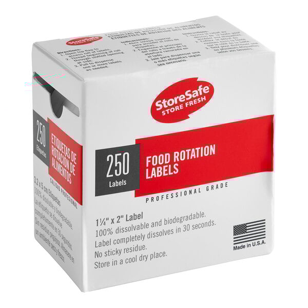A white box with red and black text that reads "Cambro StoreSafe Dissolvable Product Label Roll"