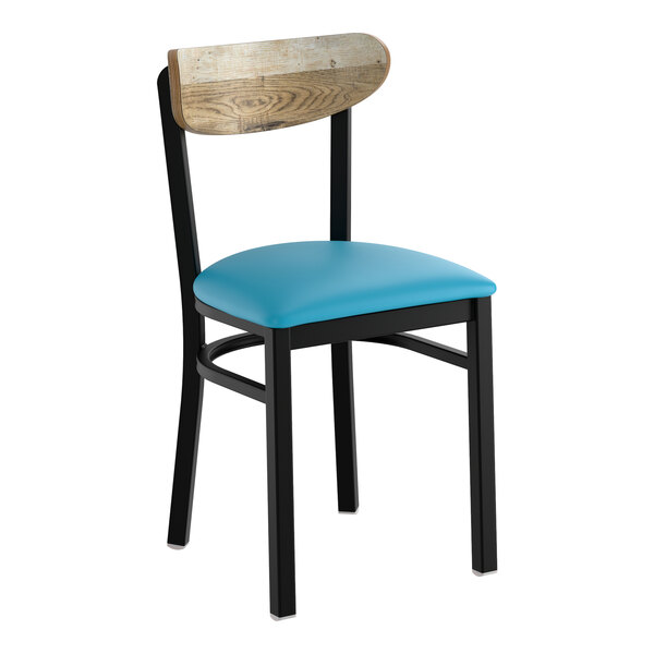 A black chair with a blue vinyl seat and a driftwood-finished wooden backrest.