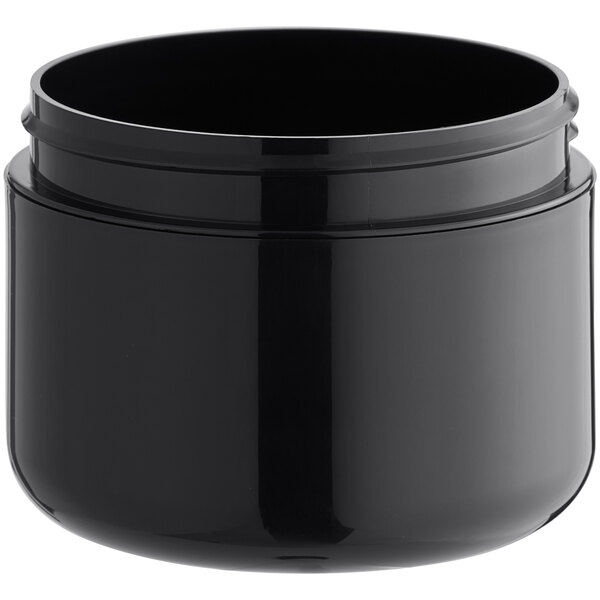 An 8 oz. black double wall polypropylene jar with a lid.