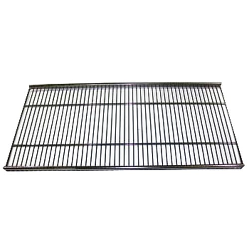 A True chrome wire shelf with metal bars.