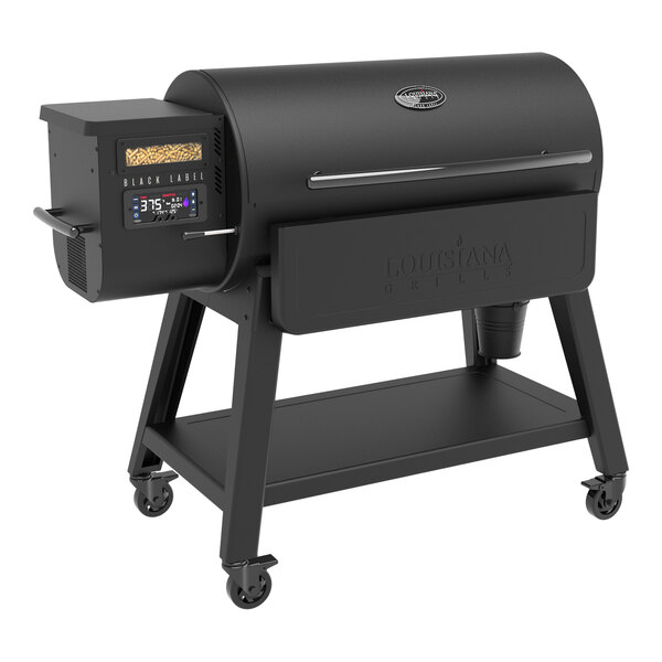 A Louisiana Grills Black Label 1200 pellet grill with black stand and wheels.