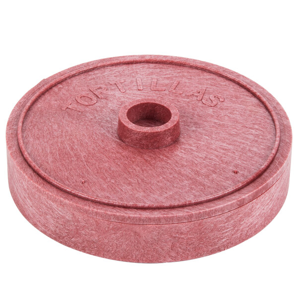 A red polyethylene tortilla server with a hole in it.