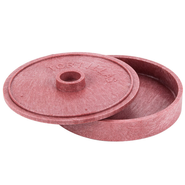 A red polyethylene tortilla server with a pink lid and a hole in it.