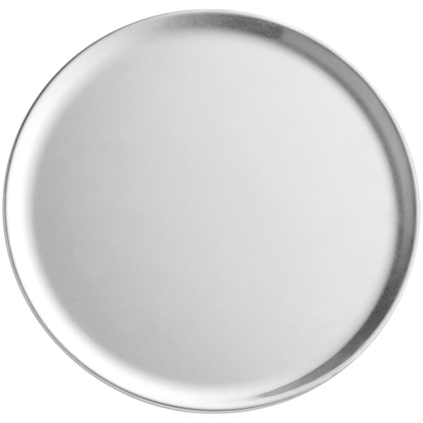 A round aluminum tray with a rim.