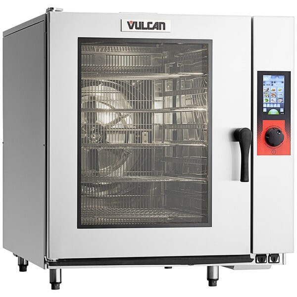 A Vulcan TCM-102G-NAT/LP gas combi oven with a glass door.