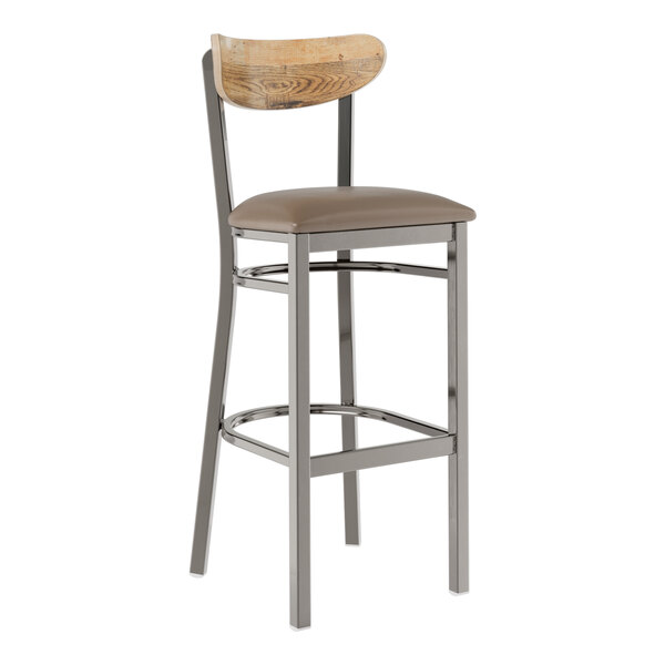 A Lancaster Table & Seating bar stool with a taupe vinyl cushion, wooden back, and metal frame.