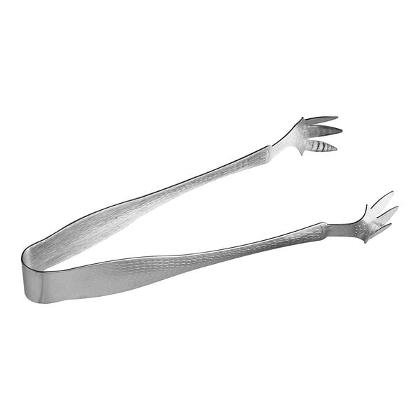 A pair of American Metalcraft stainless steel ice tongs with a hammered finish.