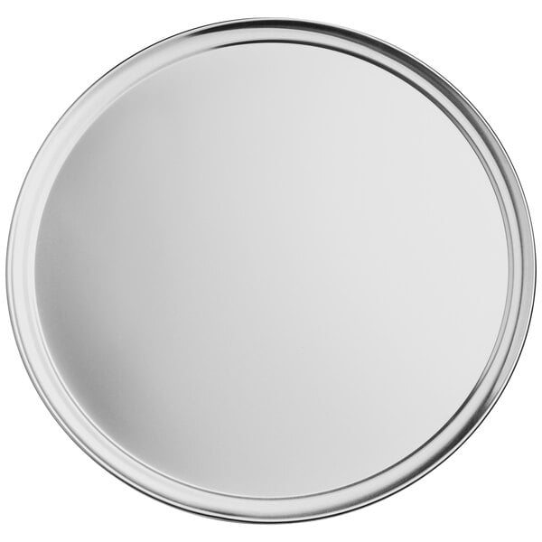 A white round tray with a silver rim.