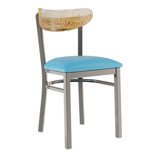 A Lancaster Table & Seating Boomerang chair with a blue vinyl seat and driftwood back.