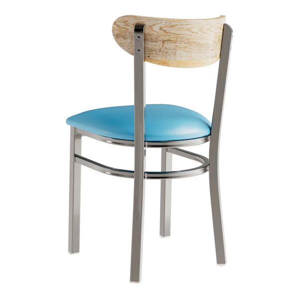 A blue vinyl chair with a wooden back and seat.