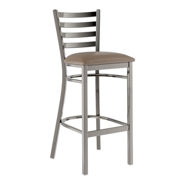 A Lancaster Table & Seating metal bar stool with taupe vinyl padded seat.
