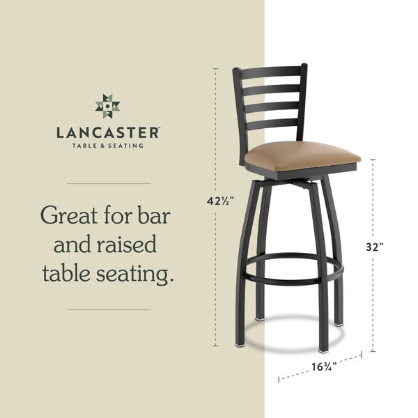 Graphic showing a ladder back bar stool with taupe padded seat and dimensions.
