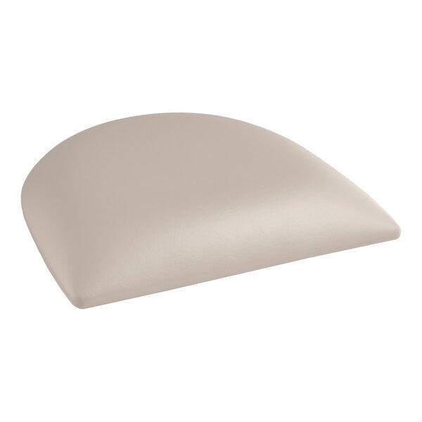 A light gray vinyl cushion for a Lancaster Table & Seating wood bar stool.