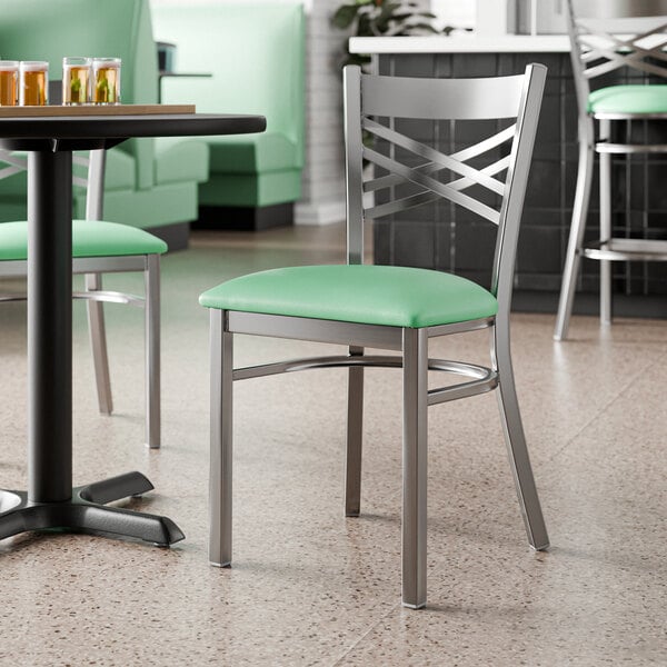 Lancaster Table & Seating Clear Coat Finish Cross Back Chair with 2 1/2" Seafoam Vinyl Padded Seat - Assembled