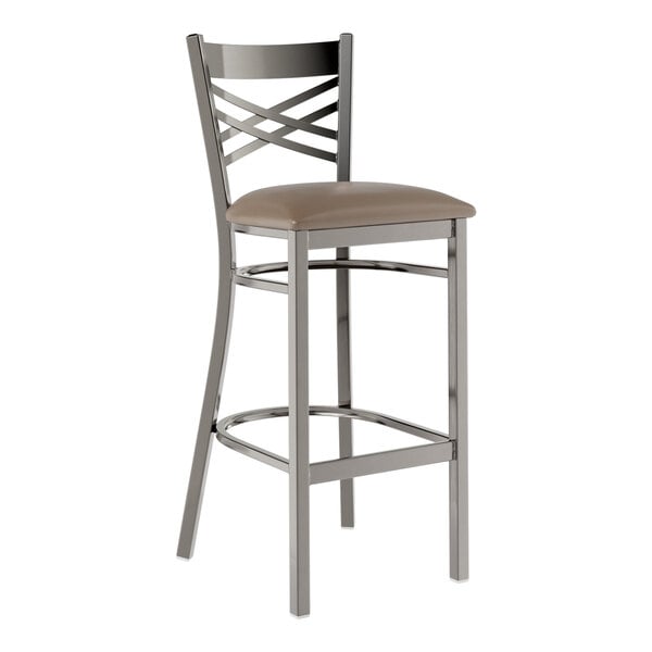 A Lancaster Table & Seating metal bar stool with a taupe vinyl padded seat.