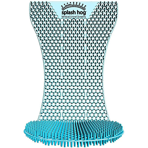 A blue and white WizKid urinal screen in a plastic bag with a blue handle.