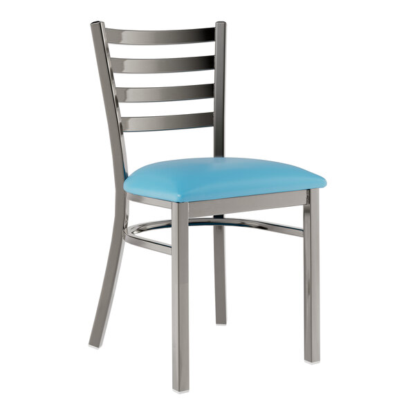 A Lancaster Table & Seating metal ladder back chair with a blue vinyl seat.