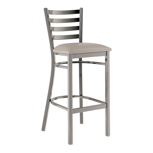 A Lancaster Table & Seating metal bar stool with a light gray cushion.