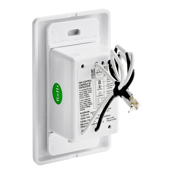 A white wall mounted Canarm Industrial Fan wall control switch with wires attached.