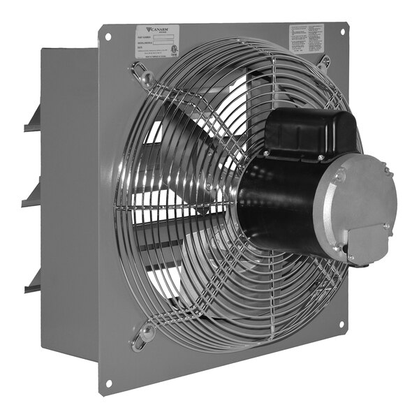 A square metal wall exhaust fan with a protective wire grille and a visible motor housing mounted at the center.