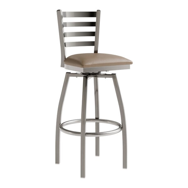 Lancaster Table & Seating Clear Coat Finish Ladder Back Swivel Bar Stool with 2 1/2" Taupe Vinyl Padded Seat