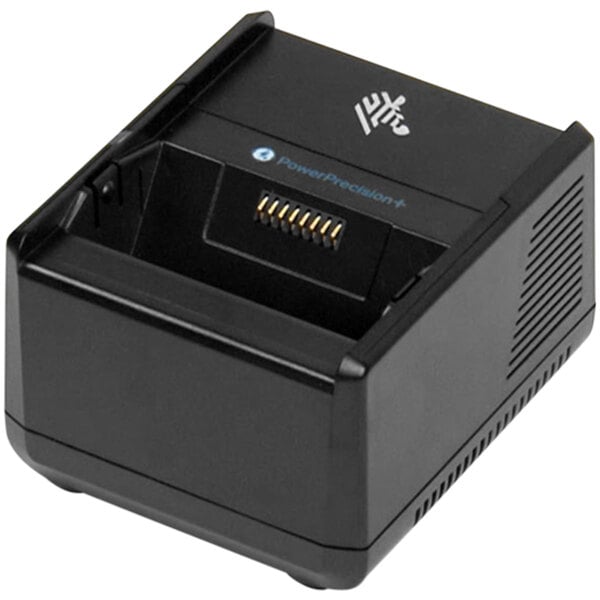 A black Zebra 1-slot battery charger.