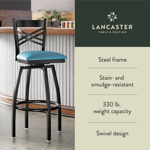 Graphic showing a cross back bar stool with blue padded seat, black frame, and features.