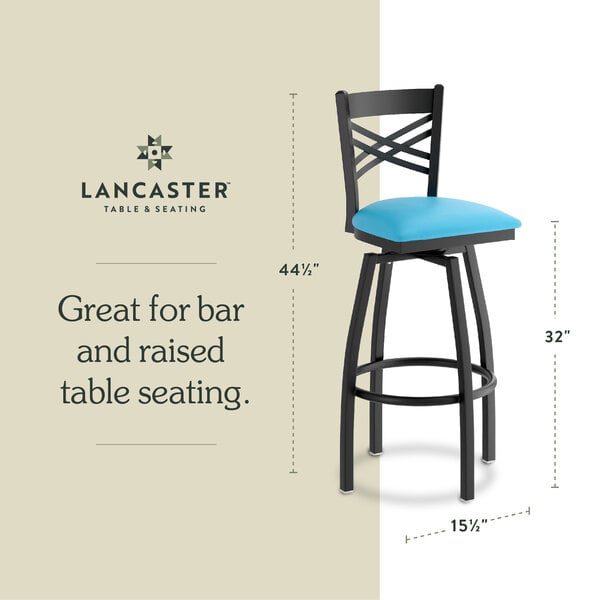 Graphic showing a cross back bar stool with blue padded seat and dimensions.
