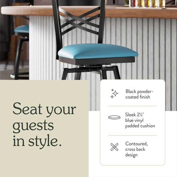 Graphic showing a cross back bar stool with blue padded seat and construction details.