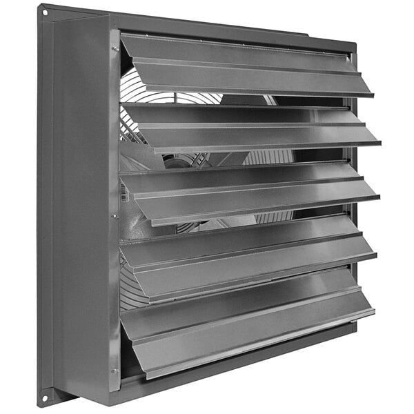 A metal Canarm industrial wall exhaust fan with shutters.