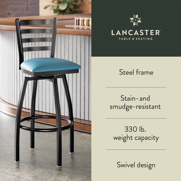 Graphic showing a ladder back bar stool with blue padded seat, black frame, and features.