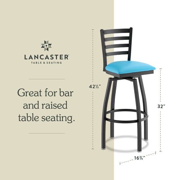 Graphic showing a ladder back bar stool with blue padded seat and dimensions.