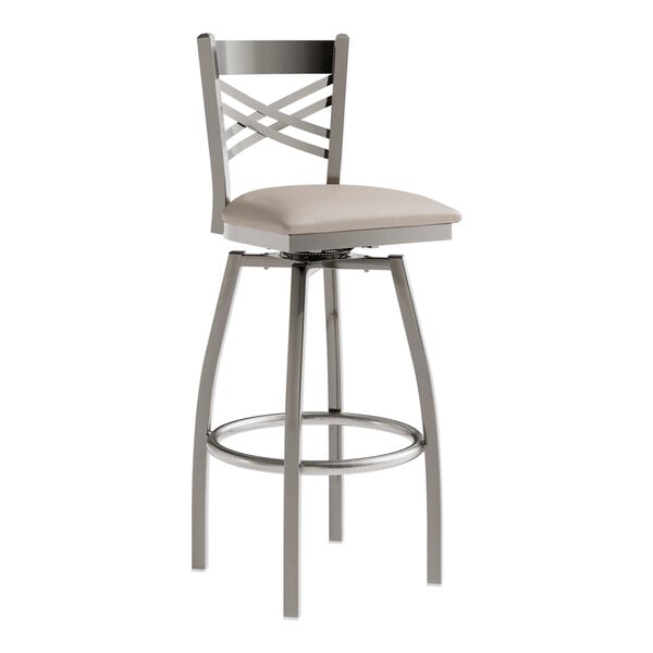 Lancaster Table & Seating Clear Coat Finish Cross Back Swivel Bar Stool with 2 1/2" Light Gray Vinyl Padded Seat