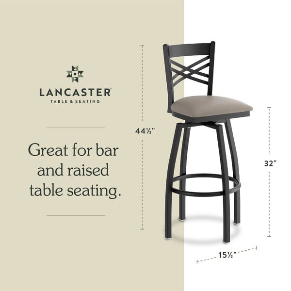 Graphic showing a cross back bar stool with dark gray padded seat and dimensions.