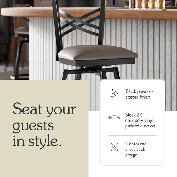 Graphic showing a cross back bar stool with dark gray padded seat and construction details.