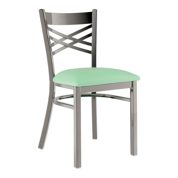 Lancaster Table & Seating Clear Coat Finish Cross Back Chair with 2 1/2" Seafoam Vinyl Padded Seat