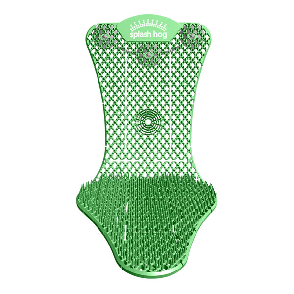 A green plastic WizKid urinal screen with spikes.