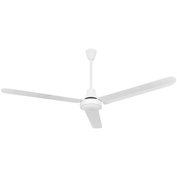 A white Canarm industrial ceiling fan with three blades.